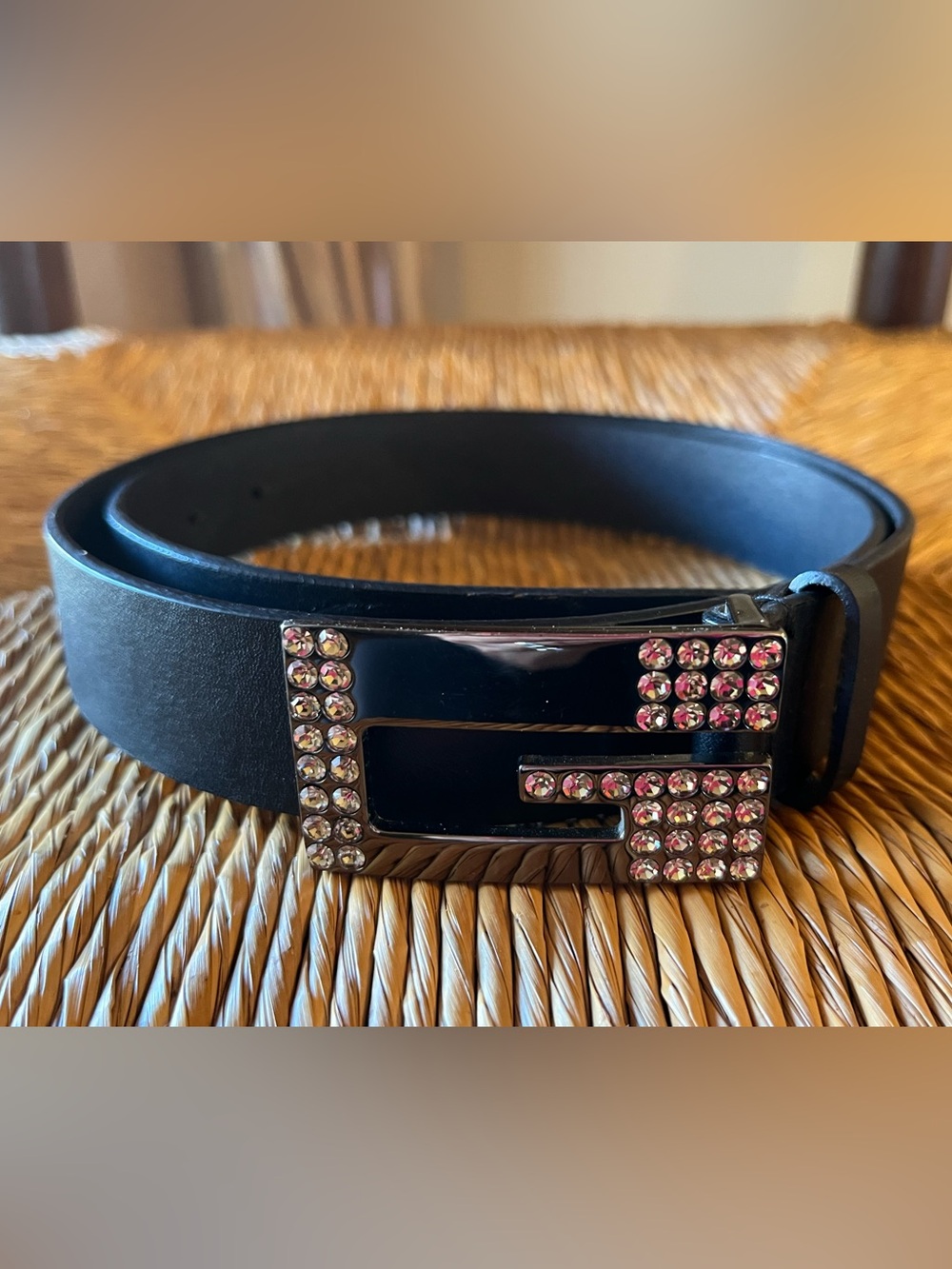 VINTAGE GUESS Black Genuine Leather Rhinestone G Logo Buckle Belt - Size L